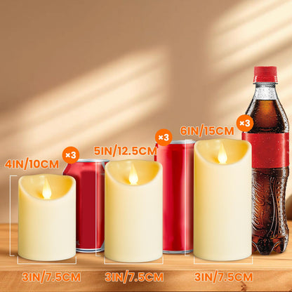 YIWER Plastic Flameless LED Candles,9PCS Battery Operated Candle with Remote Fake Electronic Flickering Light Large Pillar D3”H4”(10.2) 5”6”Durable Use