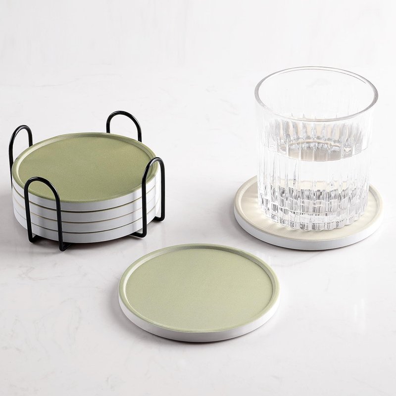Hoomey Set of 6 Beige and Green Coasters with Holder, Absorbent Ceramic Drink Coasters with Cork Backing for Table Protection, Table Decor, Housewarming Gifts