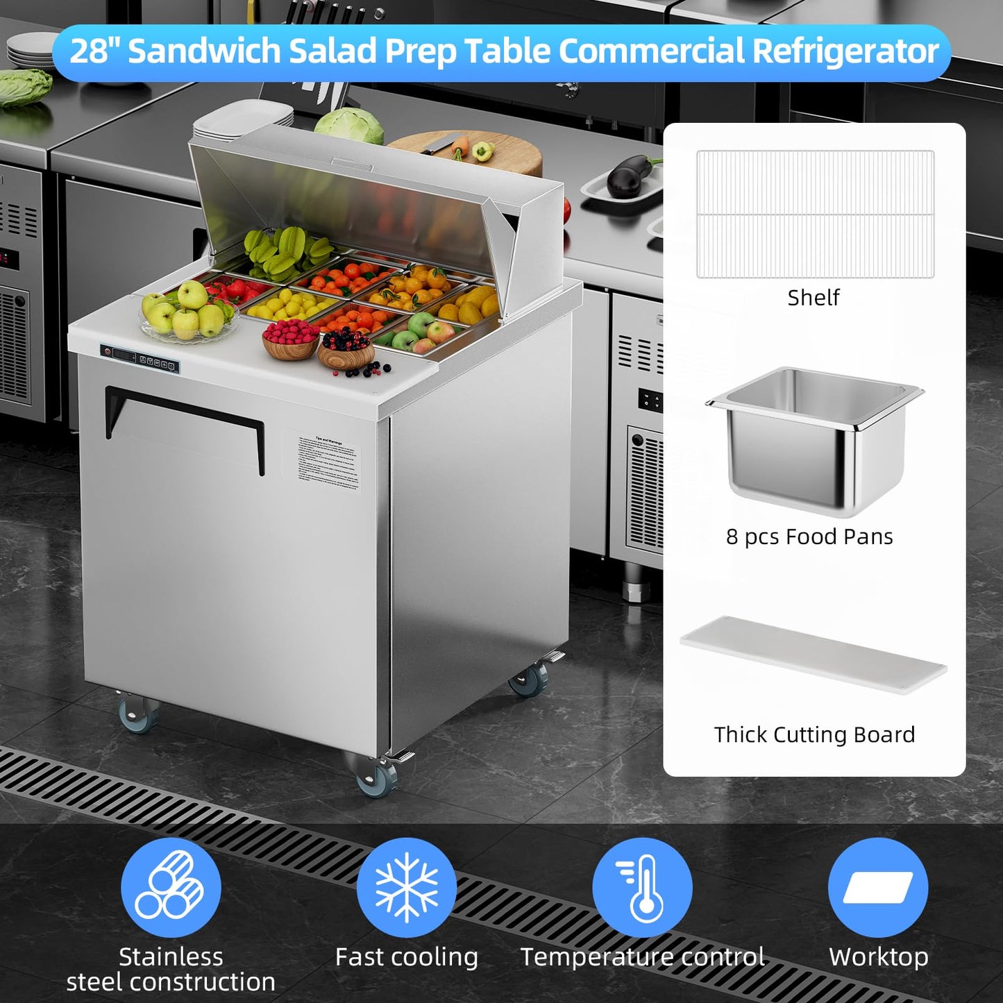 GAOMON Commercial Refrigerator, 28" Sandwich & Salad Prep Table, 7.42 Cu. Ft Stainless Steel Refrigerated Food Prep Station with 8 Pans, Cut Board, 1 Door Worktop Fridge with lock for Restaurant