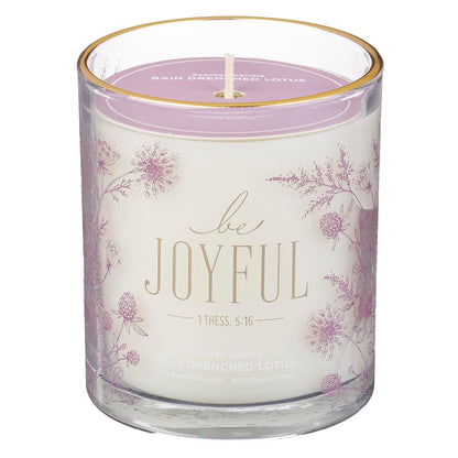 Christian Art Gifts Be Joyful Scented Candle: Soy Wax, Pure Essential Oils, Rain Drenched Lotus Scent, Bible Verse, Floral Design Glass Jar, Encouragement Gift for Women, 40 Hours Burn Time