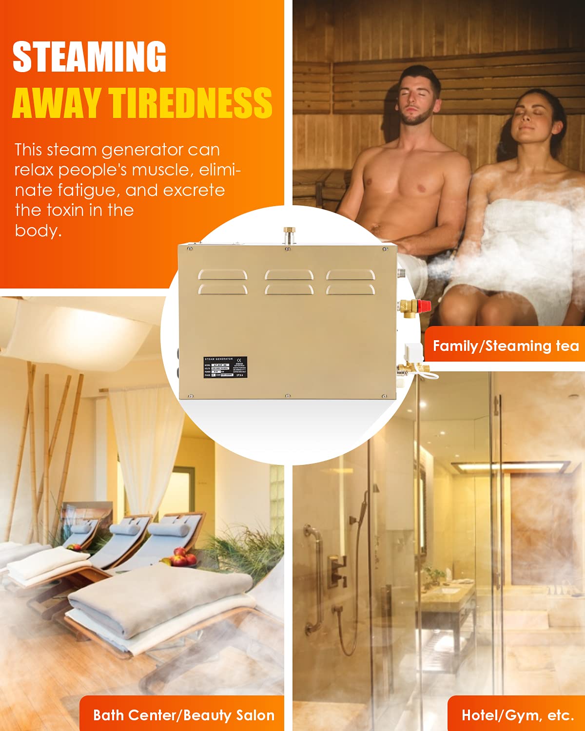 CGOLDENWALL 10.5KW Commercial Self-Draining Steam Generator Shower System Home Steam Bath Spa Generator 30 min to 12 Hours Auto Drain 95-131℉ for Suitable Space Heating 10.5 m³/371 Cubic feet (10.5KW)