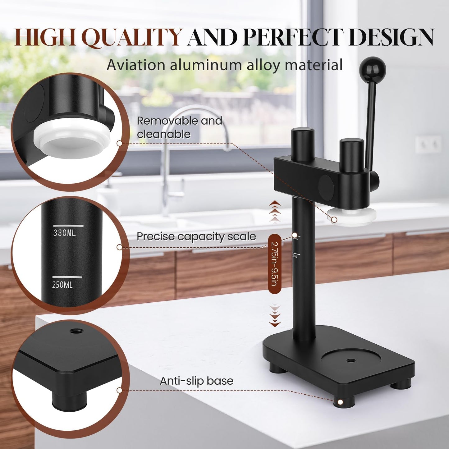 Manual Bottle Can Sealer for 55mm Caps - Adjustable Home Brewing Tool Made of Aerospace Aluminum, Includes Silicone Funnel (Black)-Only suitable for press-type sealing bottle caps