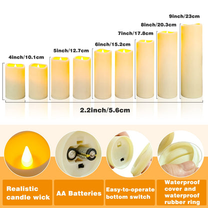YIWER Plastic Waterproof Flameless Candles Set of 18: Battery Operated Candles Ivory Flickering Pillar Candles Include 4"/5"/6"/7"/8"/9" with 10-Key Remote 2/4/6/8H Timer Function