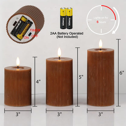 DRomance Battery Operated Flameless Candles with 6 Hour Timer 3 Pack Real Wax Vertical Stripe 3D Wick Flickering LED Pillar Candles Dinner Wedding Christmas Holiday Decor(Brown, 3" D x 5", 6", 7" H)