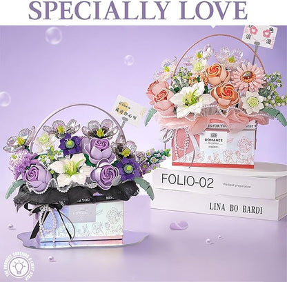 Flower Bouquet Building Blocks Model SetSimulation Artificial Rose Handheld Gift BoxBonsai Plant Building Bricks ToysHome Decor (Fantasy Pink)