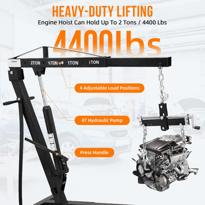 2 Ton Folding Hydraulic Engine Hoist with Lever, Folding Engine Shop Crane Hoist Lift, Heavy Cherry Picker with 6 Wheels for Garage, Workshop,Black