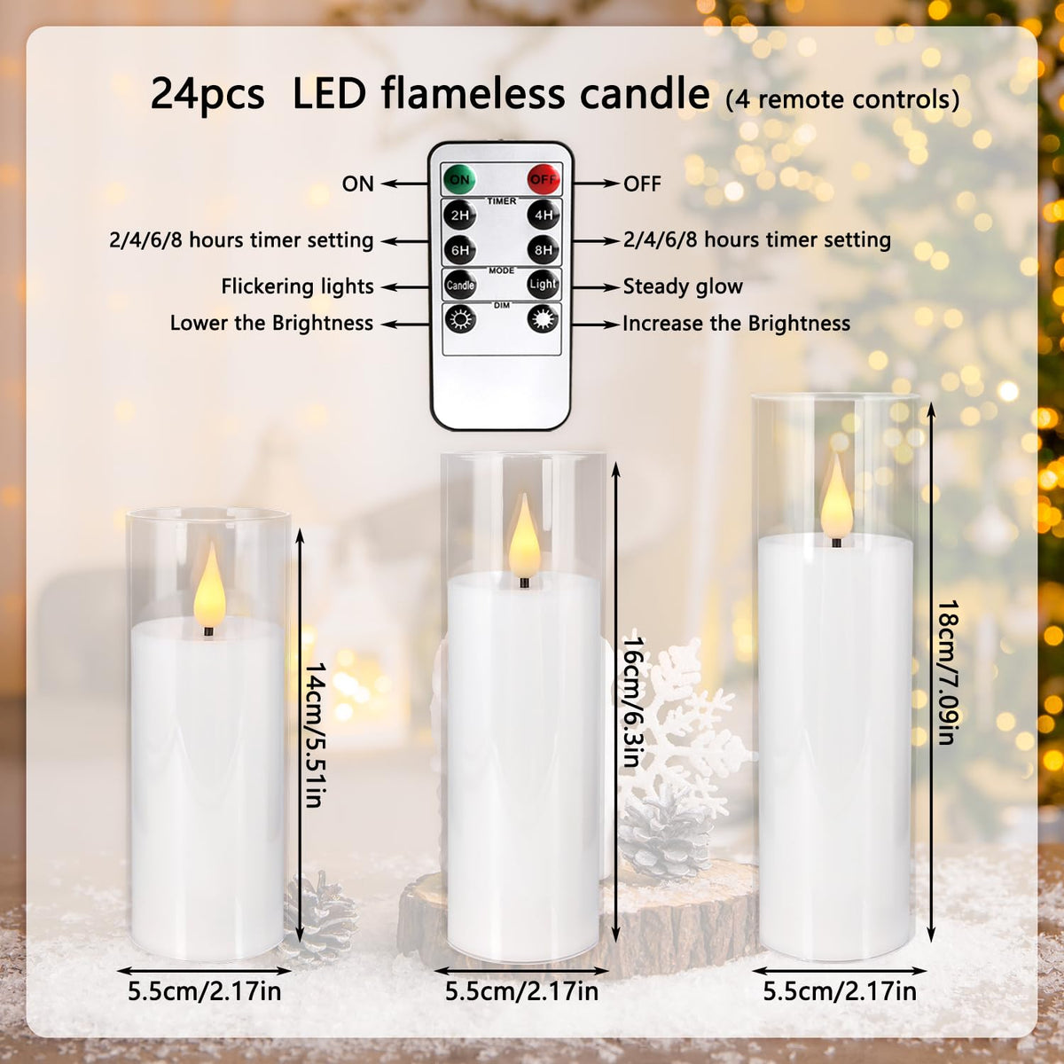 Aamdkcyu 24-Pack Premium Flameless LED Candles - Elegant White & Clear Acrylic Pillar Design with Realistic Flickering Flame, Remote Control & Timer for Weddings, Christmas, Halloween & Home Decor