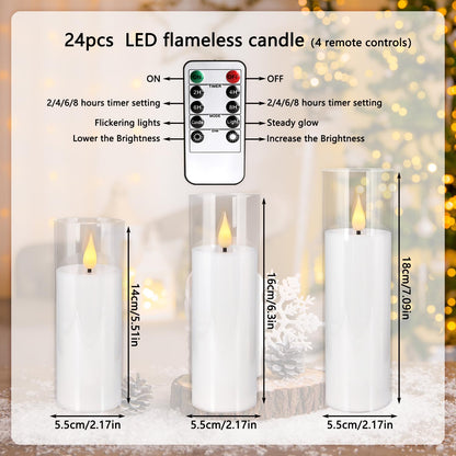 Flickering Flameless LED Candles, 24 Pcs Battery Operated Acrylic LED Pillar Candles with 4 Remote Controls & Timer Function - Safe for Home, Wedding, Outdoor Decor, Halloween, Christmas Party.