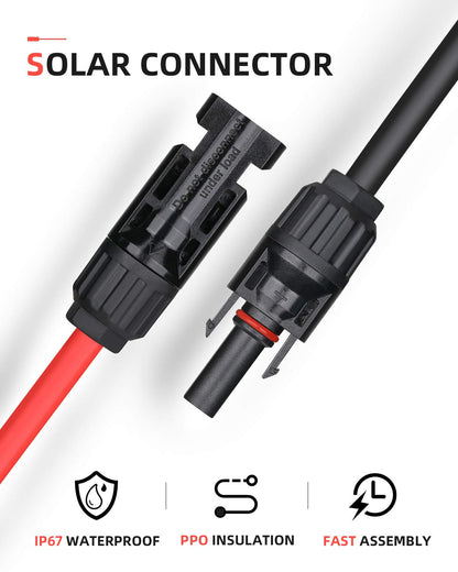 BougeRV 100Feet 10AWG Solar Extension Cable with Female and Male Connector with Extra Pair of Connectors Solar Panel Adaptor Kit Tool (100FT Red + 100FT Black)