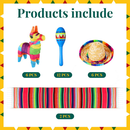 Libima 26 Pcs Mexican Decor Fiesta Decorations Include 6 Donkey 12 Large Fiesta Maracas 2 Serape Table Runners 6 Sombrero Hats for Mexican Decorations Favors(Boho)