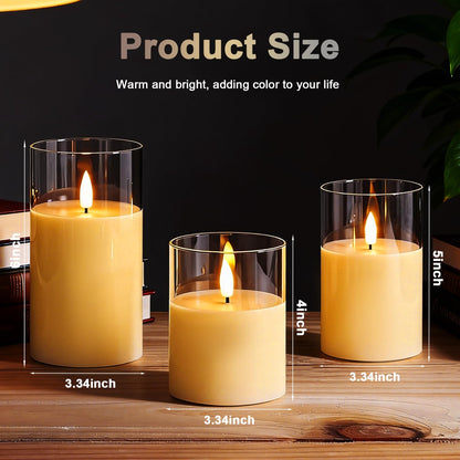 Eynshoo Gold Flameless LED Candles with Remote & Timer, 3-Piece Flickering Pillar Candle Set, Realistic Flame Effect, Adjustable Brightness, Battery Operated Candles for Home Decor, Wedding & Holiday