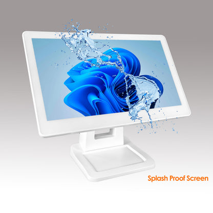 ANGEL POS 15.6 Inch 1920 x 1080 FHD IPS Touchscreen POS Monitor with Metal Stand, 10 Points Touch HDMI VGA, Waterproof Dustproof Screen 1080P, Indusitrial, Office, Retail, Gym, Warehouse (White)