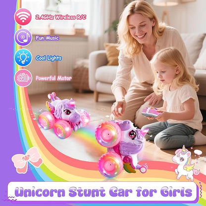 Remote Control Car Unicorn Monster Trucks for Girls 360° Rotating 4WD Stunt RC Cars with LED Lights and Music 2.4GHz Toy Various Terrain Pink RC Cars Birthday Gifts for Kids Girl Age 3-12 (LY-023)
