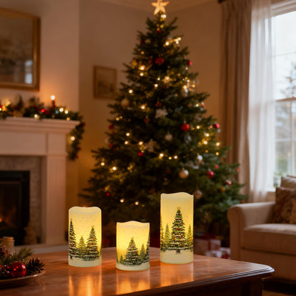 Wondise Flameless Flickering Pillar Candles with Remote Timer, Real Wax Battery Operated Christmas Tree Pine Tree Decal LED Candle for Christmas Decoration Gifts, Set of 3(D3 x H4/5/6 Inch)