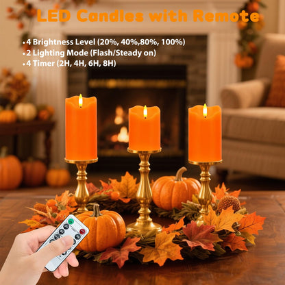 Flameless Candles Lights, Set of 3 Orange Flickering LED Candles with Remote & Timer, Dimmable LED Pillar Candles Battery Operated, Electric Candles for Fall Halloween Thanksgiving Decor (Orange)