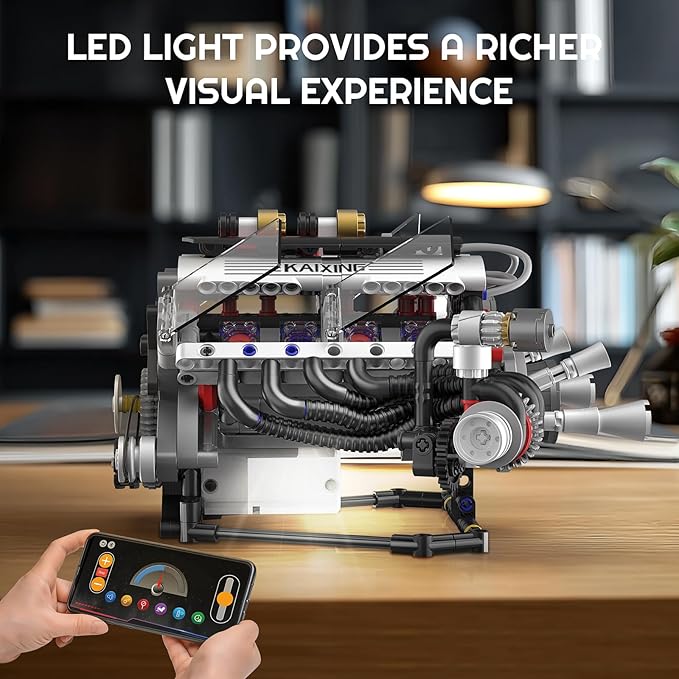 V8 Engine Building Blocks Set APP Controlled Combustion Model Kit with Rechargeable Motor Physical Science Experiment Toy for Adults (664 PCS)