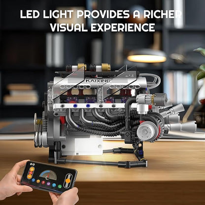 V8 Engine Building Blocks Set APP Controlled Combustion Model Kit with Rechargeable Motor Physical Science Experiment Toy for Adults (664 PCS)