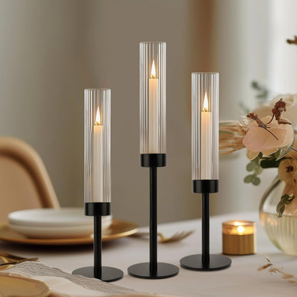 Black Hurricane Candle Holders, Set of 6 Glass Taper Candlestick Holders Metal Candle Stands Bulk with Ribbed Glass Cover for Dining Tables Wedding Candelabra Centerpieces Decor