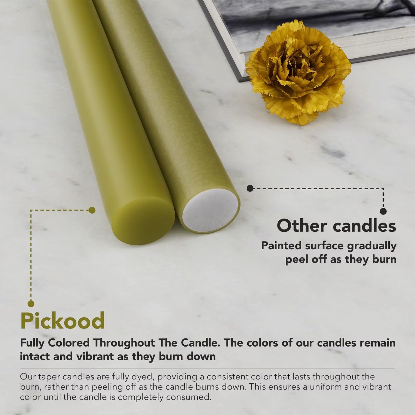 Pickood 10-Inch Tall Dripless Taper Candles Set of 4 - Olive Green Tapered Candles, Perfect for Halloween - Smokeless, Unscented, Long Burning - Hand Poured, Colored Tall Candlesticks - Oliva