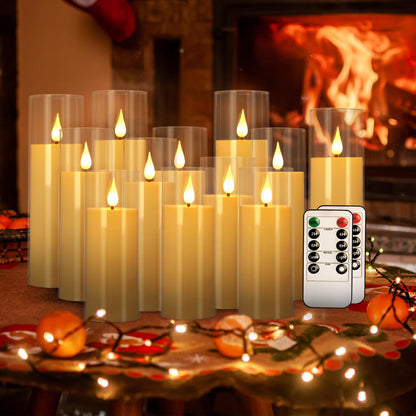 fclayvts 12 Packs of Acrylic LED Candles, Flickering Flameless Candles Battery Operated with Remote Dimmed and Timed, 3D Wick Candles for Home Decor,Wedding,Gift，Parties and Festivals. (3 Size Ivory)