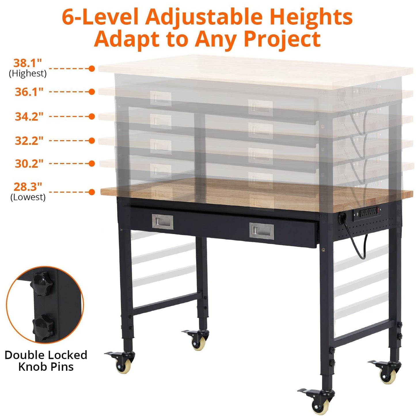 48" Adjustable Workbench with Wheels, 2000 LB Capacity, Power Outlets, Solid Hardwood Top, Heavy Duty Garage Work Table for Workshop, Home Office, DIY