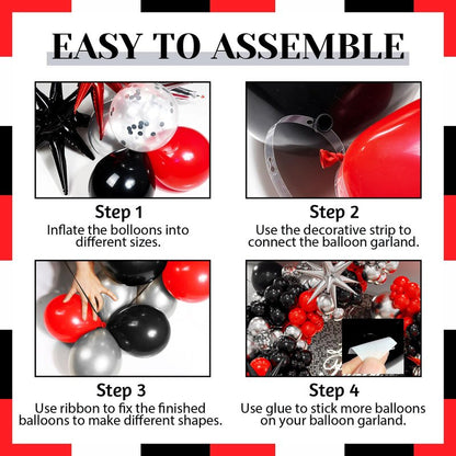 Red and Black Balloon Arch Kit with 3pcs Star Balloons, Red Black and Metallic Silver Balloons Garland Kit for Birthday Red Black Graduation 2025 New Year Party Decorations