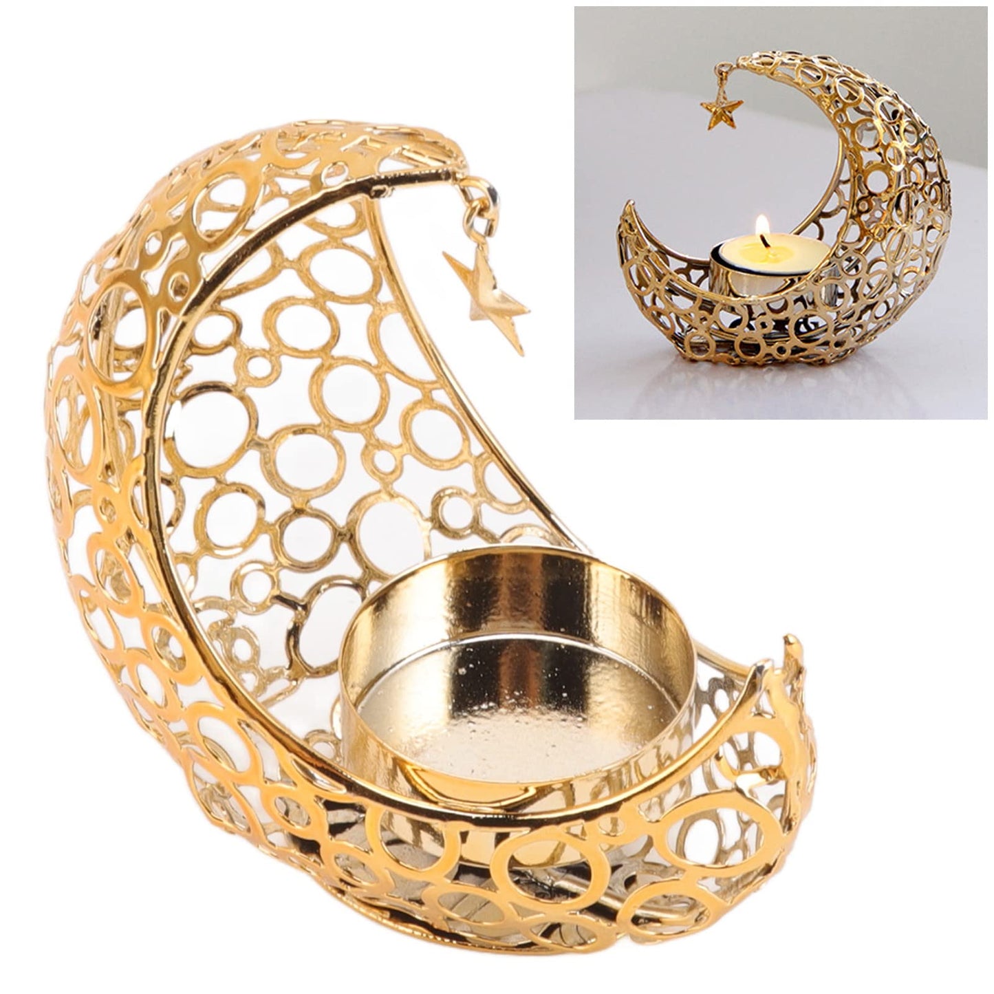 BSTiltion Moon Candlestick Holder Iron Hollowed Candle Holder with Elegant Design for Home Decor Wedding Christmas Decoration (Gold)