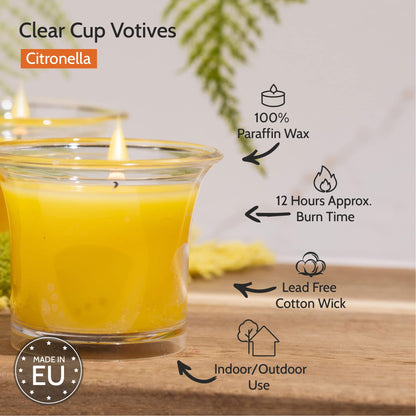 HYOOLA Clear Cup Scented Votive Candles - Citronella - 12 Hour Burn Time - 4 Pack - European Made