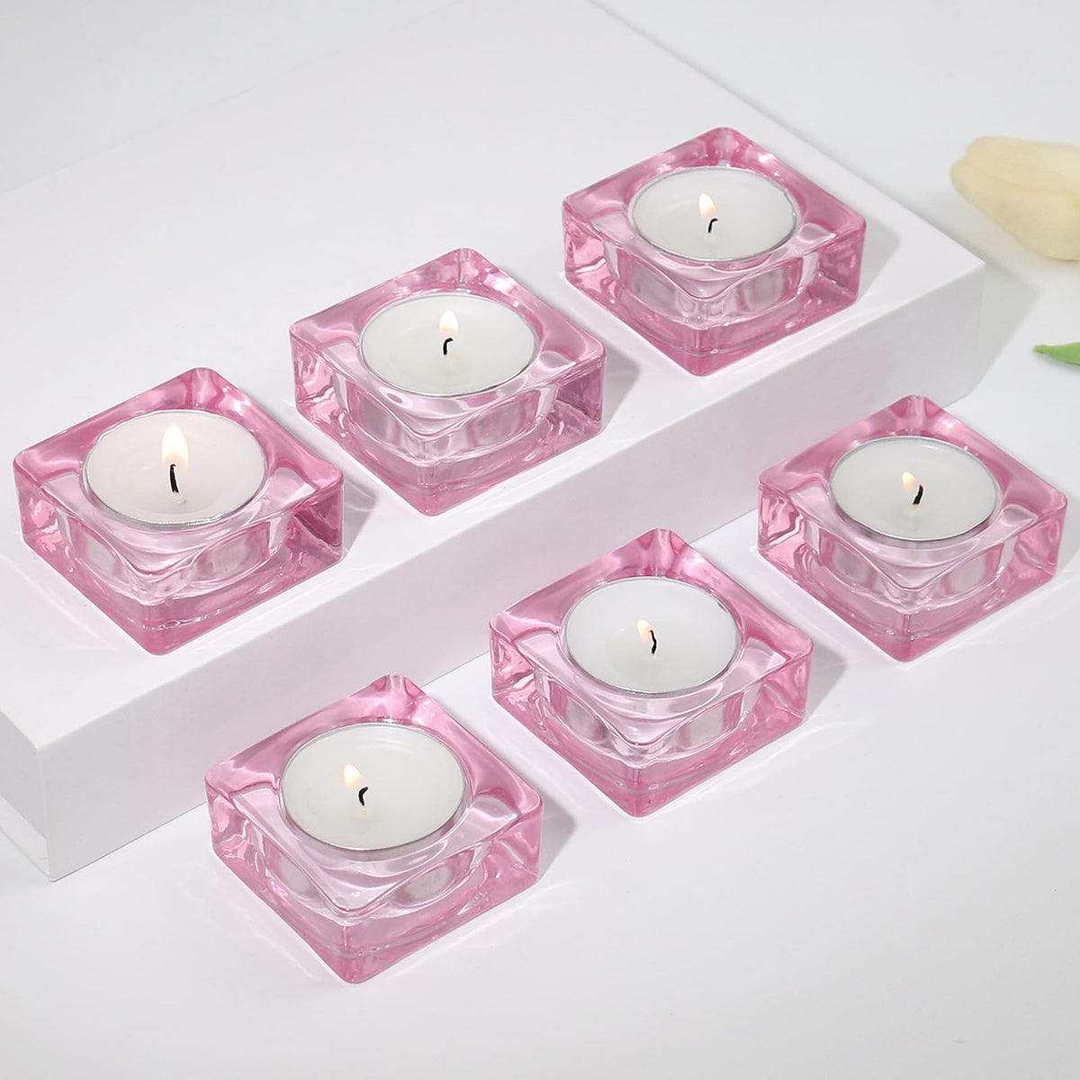 CHOCSTAY Tealight Candle Holder Set of 6, Pink Glass Candle Holder Heat-Resistant Square Holders for Wedding, Party, Home Décor