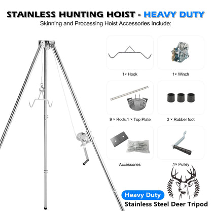 Smarkey Deer Game Hoist Tripod Deer Hanger Stainless Steel Rack Stand for Hunting Processing Cleaning Hide Skinning with 500lb Capacity Gambrel and Manual Winch - Heavy Duty