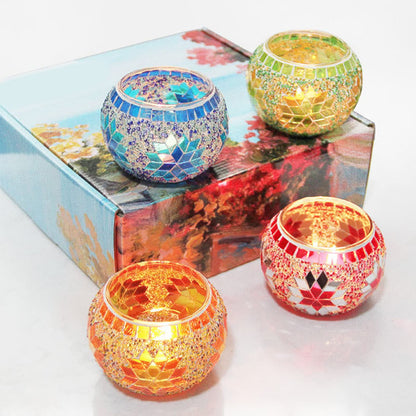 XHTLLO 4pcs Mosaic Glass Candle Holder, Hand Made Glass Candle Holder, Colourful Romantic Glass Pillar Candle Stands, for Home Bar Dinner