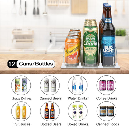 Soda Can Dispenser for Refrigerator - 3 Row Automatic Pusher Glide, Fridge Bottle Rack Drink Organizer, Self-Pushing Width Adjustable Beverage Storage Holds Up to 12 Cans (12.2inch, White)