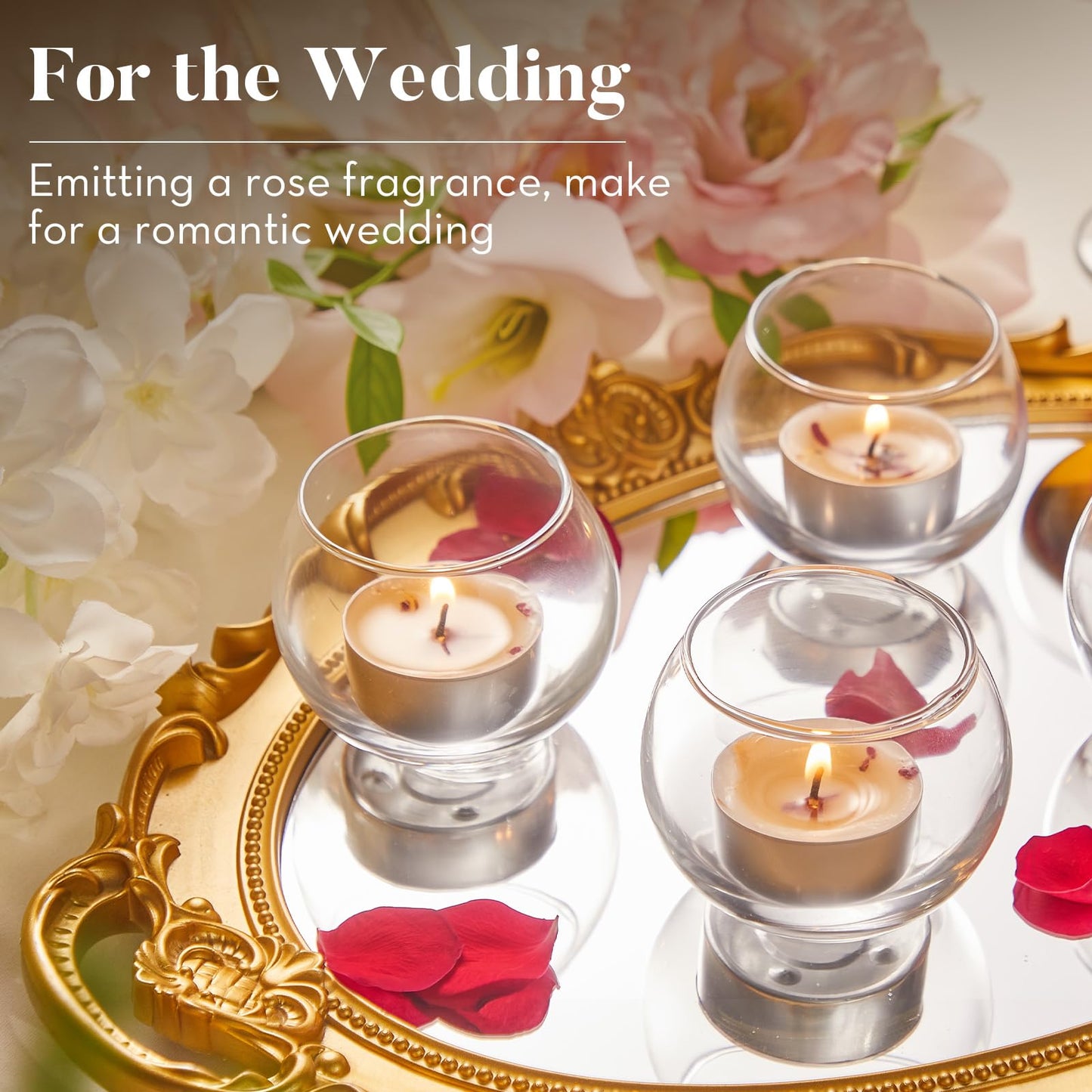 48 Pack Rose Scented Tealight Candles with Real Petals, Natural Soy Wax 6H Burn Time, Non-Toxic Smokeless Scented for Bath, Wedding, Decor