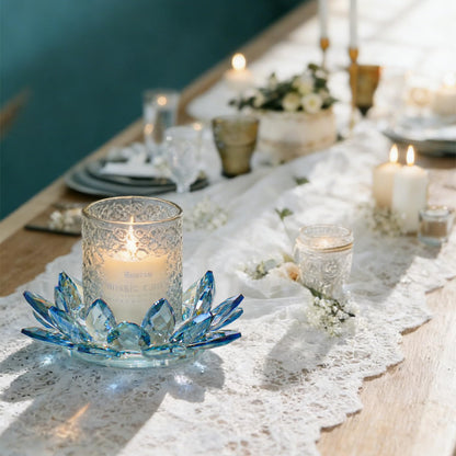 Kolnlala Large Crystal Lotus Tealight Candle Holder for Up to 6" Diameter Pillar Candlestick, Chunky Glass Votive Stand for Wedding, Party, Table Centerpiece Decor and Yoga Meditation (1, Blue)