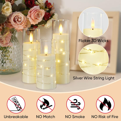 Raycare Flameless Candle with Remote Timer – 5 Flickering Acrylic Battery Operated LED Pillar Candles with Embedded Star String for Halloween, Home Decor, and as a Gift(Ivory)