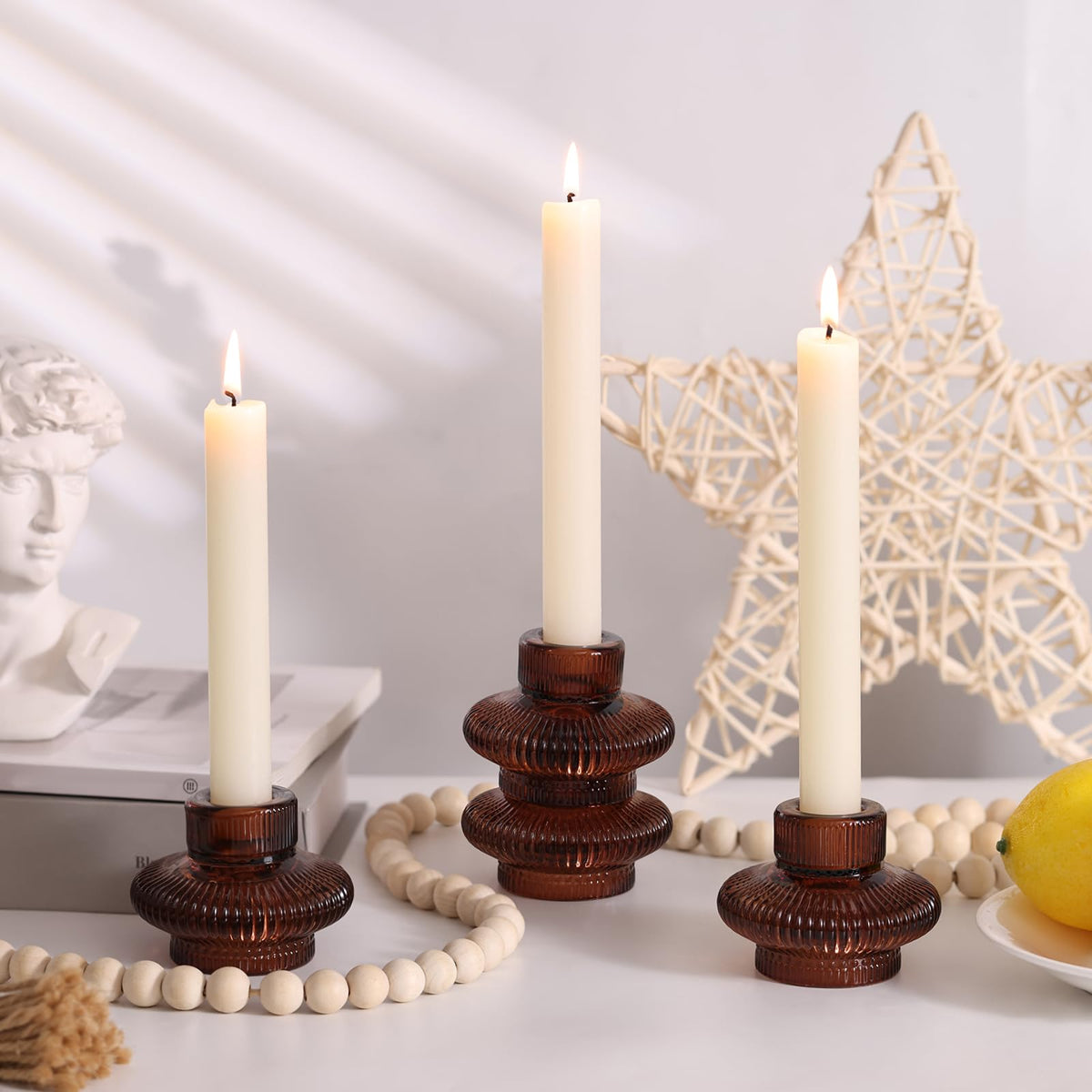 Taper Glass Candlestick Holders Tealight Candle Holders for Table Centerpieces, Fall Wedding Decor and Dinner Party Thanksgiving Christmas Decor (8 Pcs, Brown)