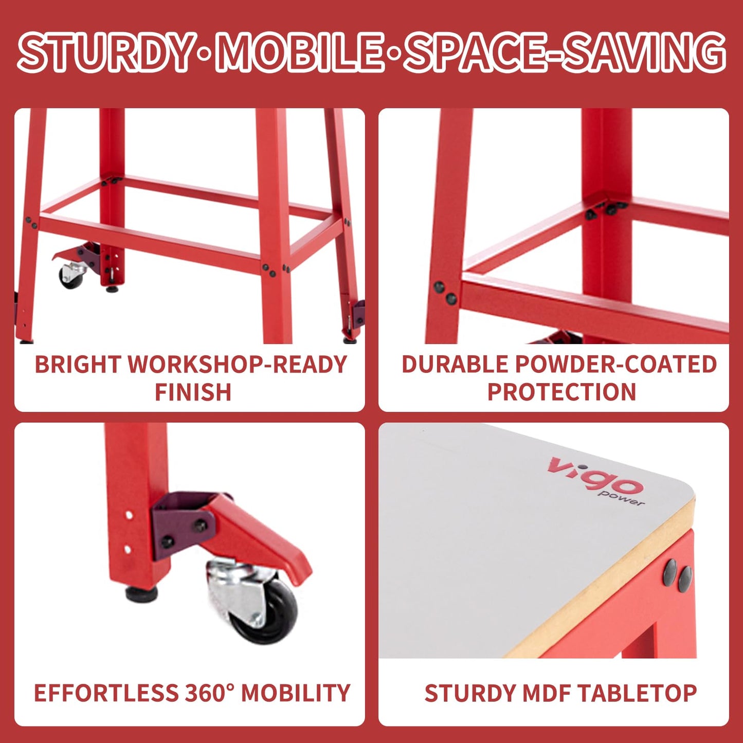 VIGO POWER Universal Tool Stand with Wheels, Drill Press, Miter Saw, Band Saw, Scroll Saw, Planer, Sander & Bench Grinder Stand, 700 lbs Heavy Duty Mobile Base, 26"x14" MDF Top, Rubber Casters