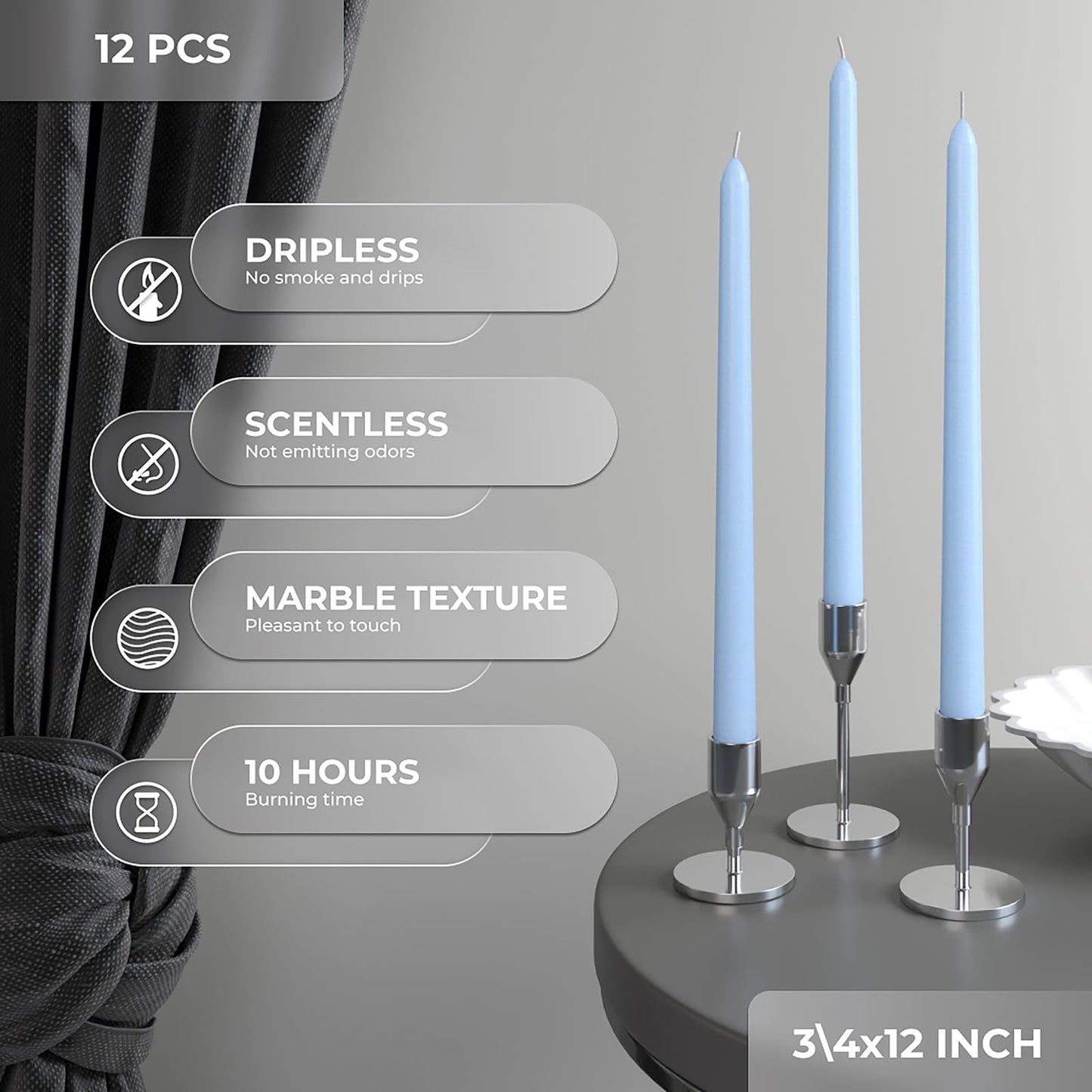 CANDWAX 12 inch Light Blue Taper Candles Set of 12 - Unscented Smokeless Dripless Tall Candle Sticks - Perfect for Special Occasions, Ordinary Dinners and as Easter Candles - Light Blue Candlesticks