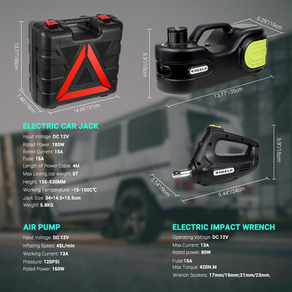 E-HEELP Electric Car Jack Kit 5T 12V Hydraulic Tire Jack with Double Cylinder Air Pump & LCD Touch Screen & Impact Wrench Portable Car Lift for Tire Changes and Roadside Emergencies