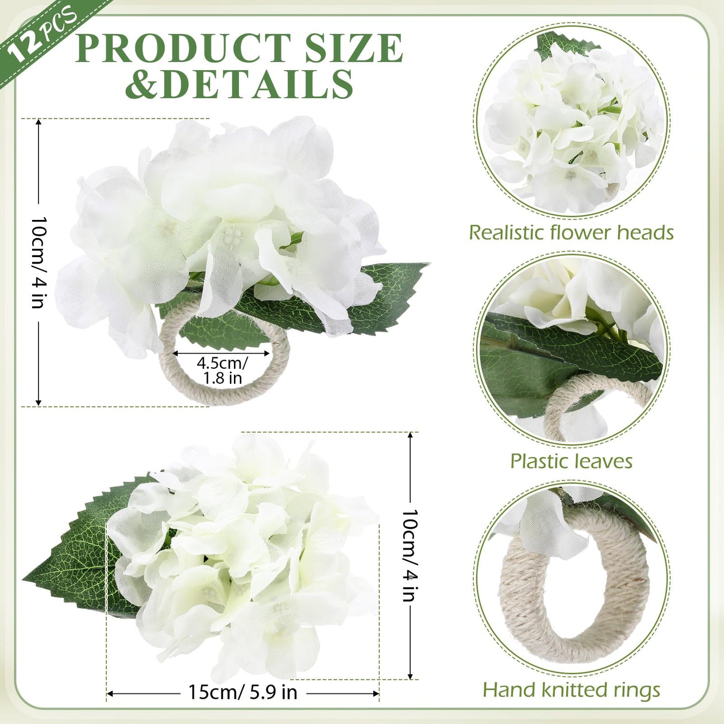 Yunsailing 12 Pcs Hydrangea Flower Napkin Rings Flower Handmade Napkin Holder Rings Floral Handicraft Band for Table Decorations Wedding Anniversary Holiday Birthday Party Supplies(White)