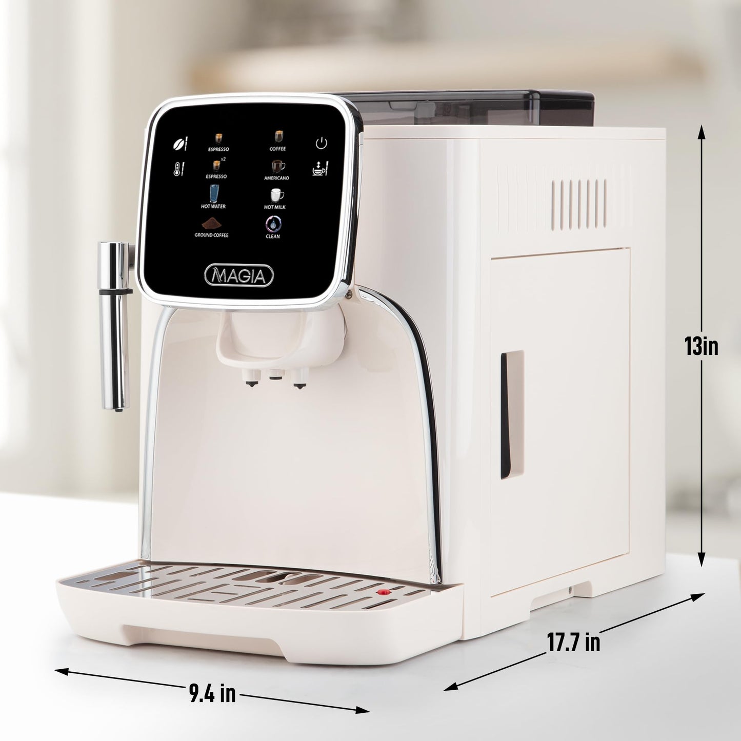 Zulay Kitchen Magia Clasica Automatic Espresso Machine with Built-In Grinder, Touch Panel Coffee Maker, Steam Wand Milk Frother, Adjustable Strength, Self-Cleaning, Cream & Silver (13" x 17.7" x 9.4")