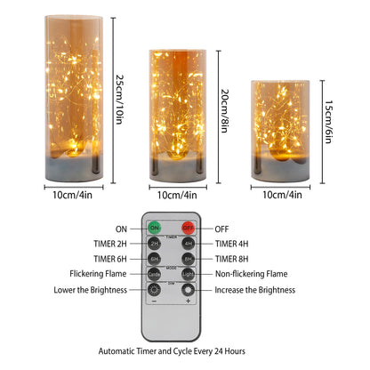 JHY DESIGN Set of 3 Glass Wax Flameless Candles Flickering Candles 6/8/10" H Glass Decorative Lights with Fairy String Lights Battery Powered for Home Party Wedding Indoor Outdoor (Champagne Plated)