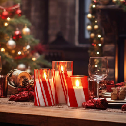 Glooglitter 3 Pcs Candy Cane Flameless Candles with Remote Timers Red Stripe Glass Candlestick Christmas Battery Operated Candles LED Flickering Candlestick for Christmas Party Home Decor