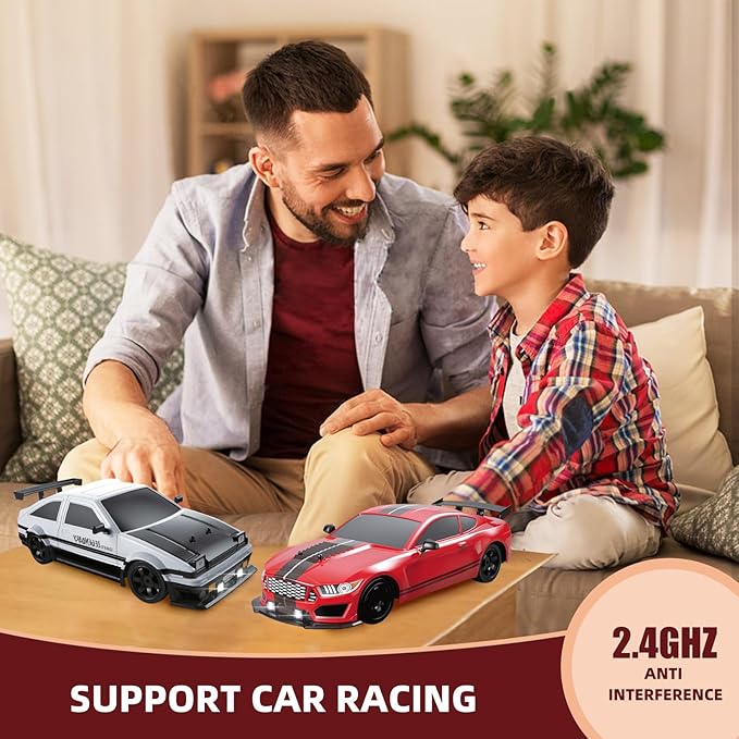 RC Drift Car 2.4GHz 1:16 Scale 4WD High Speed Remote Control Cars Vehicle with LED Lights Two Batteries and Drifting Tires Racing Sport Toy Cars for Adults Boys Girls Kids