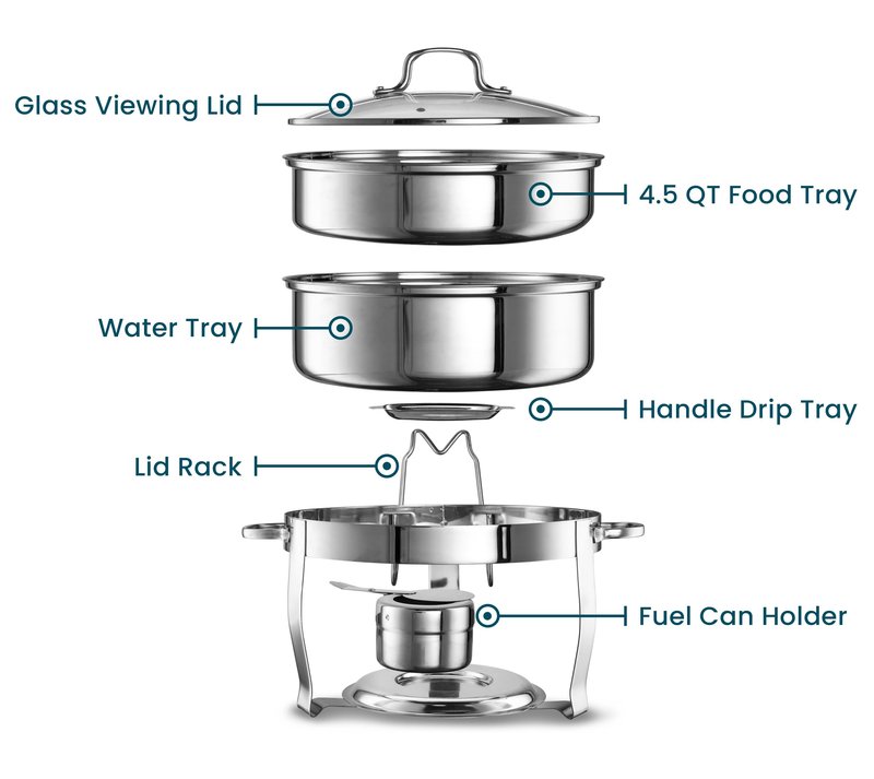 Chafing Dish for Buffet Set, by Kook, Catering Food Warmers, Round Dishes, Warmer Tray, Stainless Steel with Glass Cover and Holder, for Parties, Dinners, 4.5 Qt