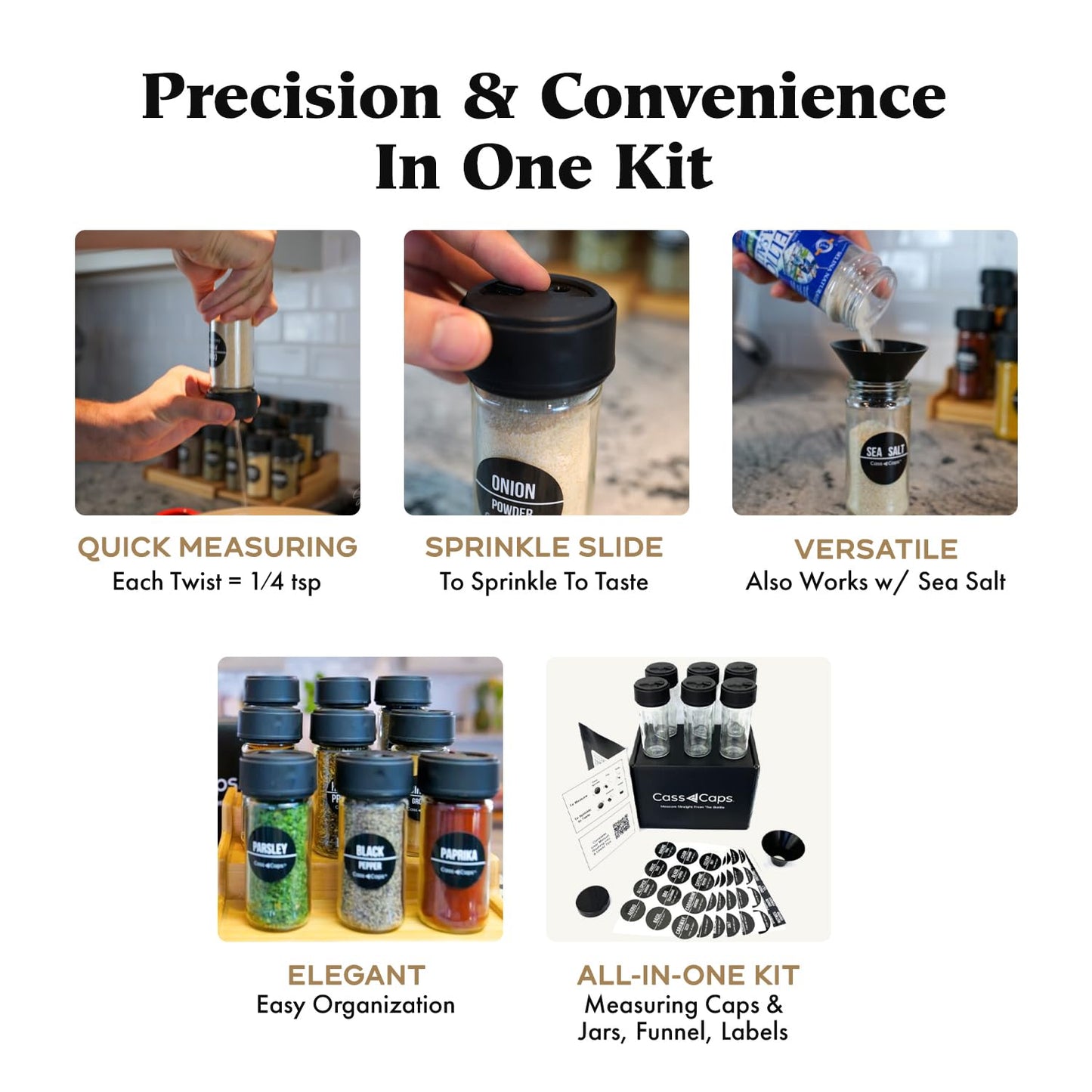 CassCaps Spice Jars & Measuring Caps Set – Measure Straight from The Bottle! Faster Meal Prep, No Mess, No Clean Up. 6 Pack