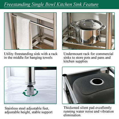 Bokaiya Stainless Steel Utility Sink, Free Standing Small Stainless Steel Sink with Faucet Laundry Room Sink 16 Gauge Single Bowl Outdoor Commercial Garage Sink (19"D x 23"W x 38"H)
