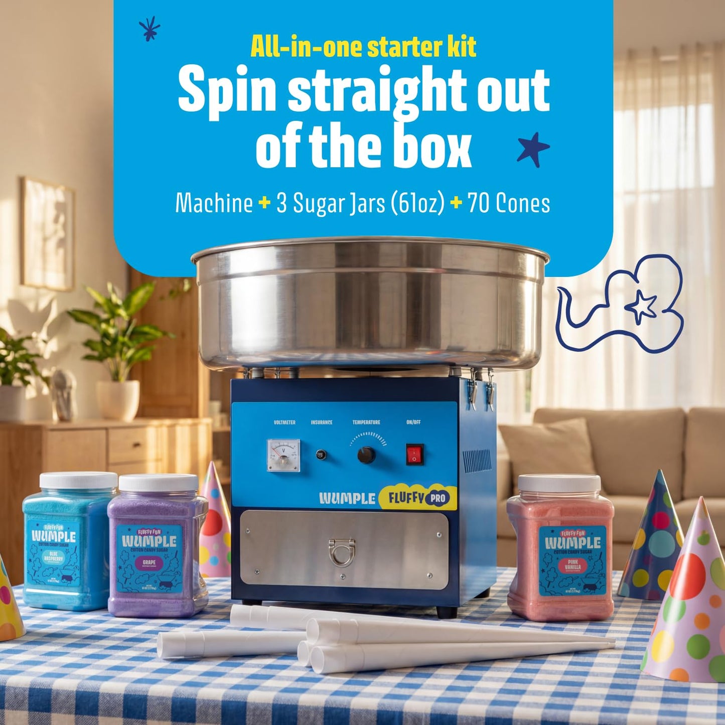 Wumple Cotton Candy Machine Pro Bundle - Commercial Electric Maker with Drawer, Large Stainless Steel Bowl & 3 Flavored Sugars - 70 Cones Included - Perfect for Parties & Business - Blue