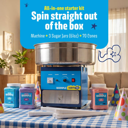 Wumple Cotton Candy Machine Pro Bundle - Commercial Electric Maker with Drawer, Large Stainless Steel Bowl & 3 Flavored Sugars - 70 Cones Included - Perfect for Parties & Business - Blue