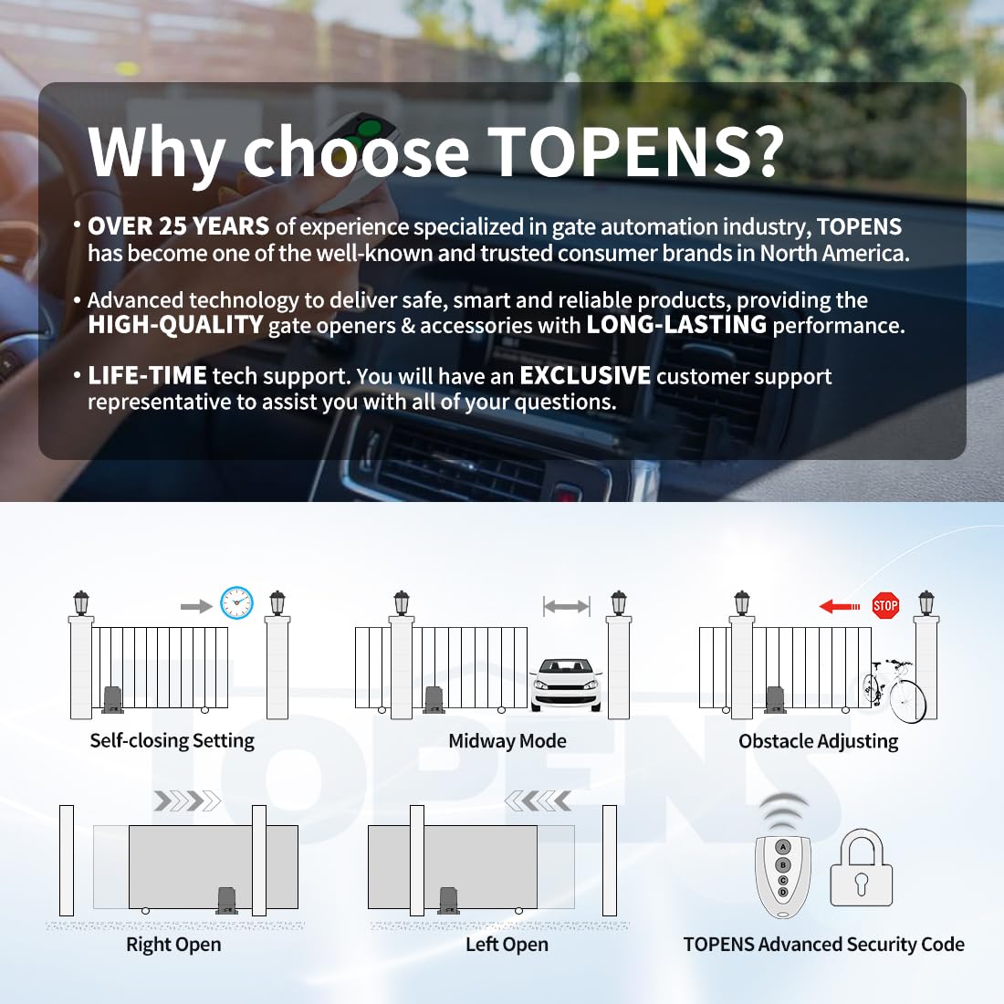 TOPENS RK990T Automatic Sliding Gate Opener Rack Drive Electric Gate Motor for Heavy Driveway Slide Gates Up to 2200 Pounds, Security Gate Operator AC Powered with Nylon Gear Rack and Remote Control